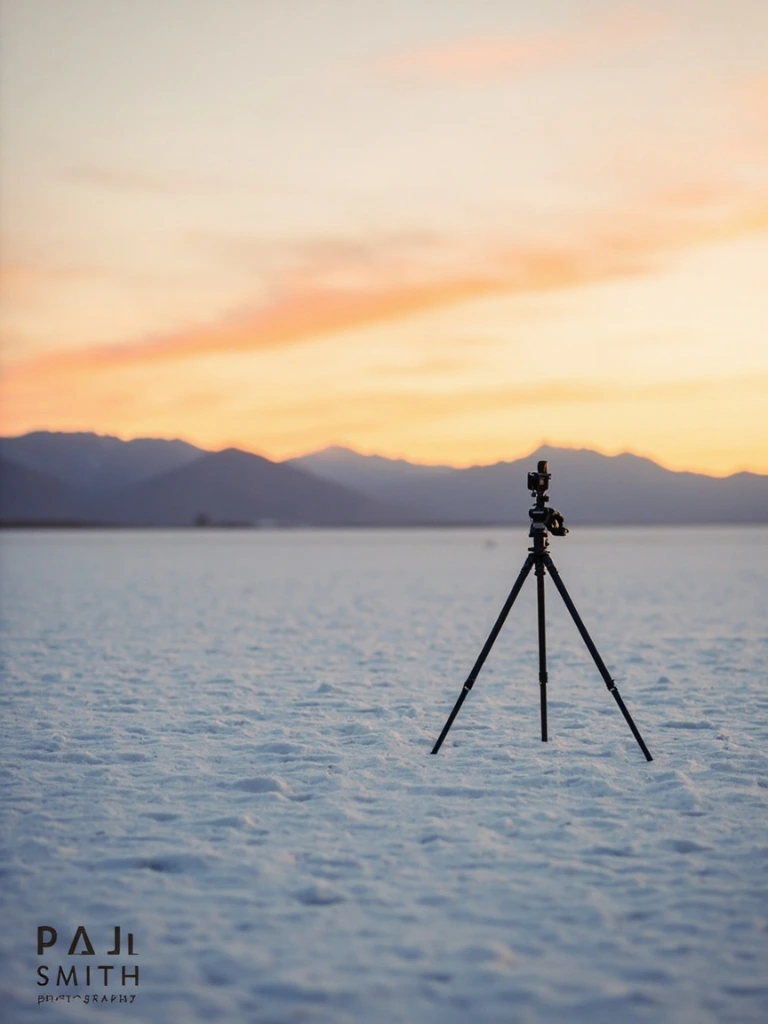 A lone tripod and Profoto strobe stand on cracked salt at dawn during the Nike field shoot.