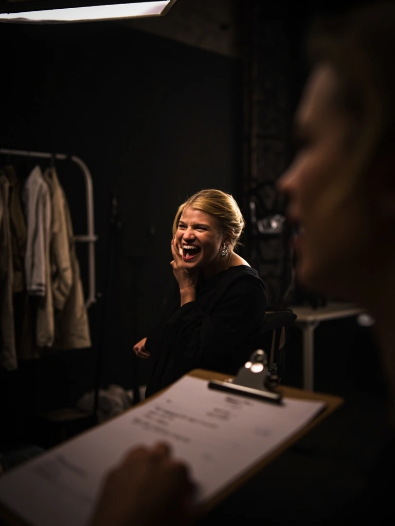 Behind-the-scenes of a New Yorker portrait session with a model mid-laugh under tungsten key light.