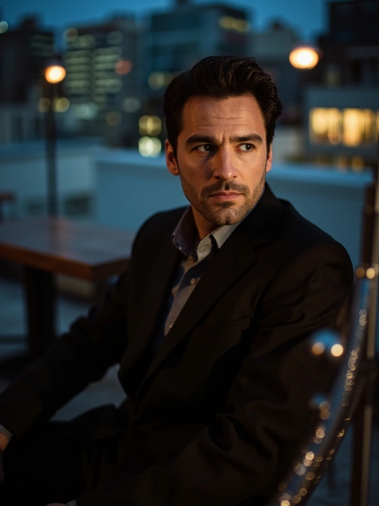 The New Yorker Rooftop Editorial — subject at blue hour